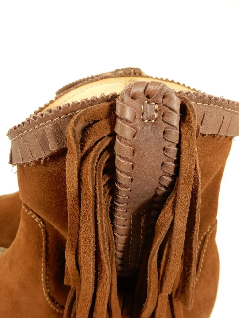 LUCCHESE Hidden Wedge Booties Size 7 Chocolate Brown Suede Fringe Trim NEW